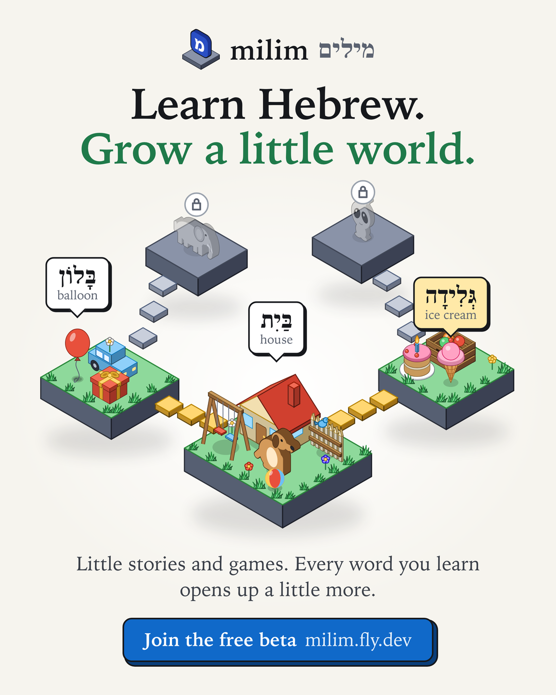 Isometric floating islands with a house, a dog and a swing, Hebrew word bubbles over them and two grey locked islands behind.