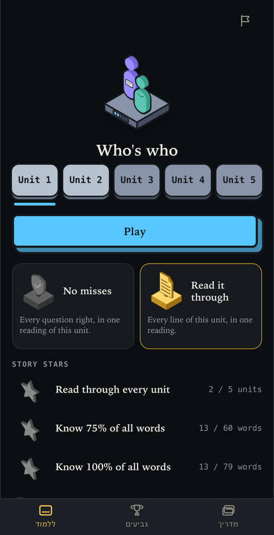 A story open: five units, a Play button, and the goals that earn its stars.