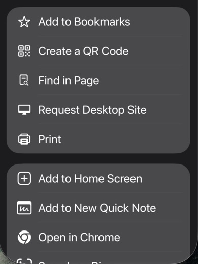 A list with Add to Home Screen at the top of its second group, marked with a plus in a square.