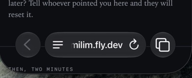 Safari's bottom bar: a back arrow, the menu button with three lines left of milim.fly.dev, and the tabs button.