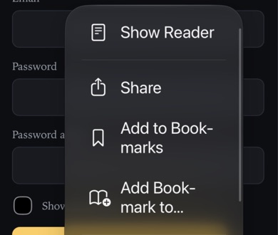 The menu open, listing Show Reader, Share, Add to Bookmarks and Add Bookmark to.