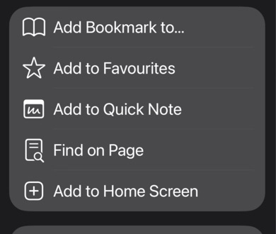A list ending with Add to Home Screen, marked with a plus in a square.